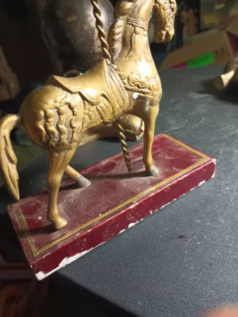 VTG Brass Carousel Horse Figurine Solid Wooden Base Brass Horse Statue 7” X 9”