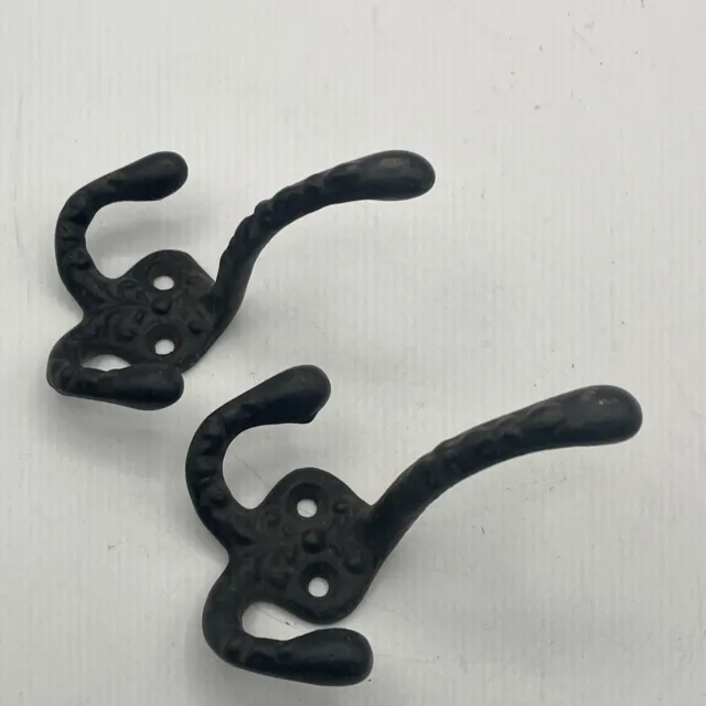 Pair of Antique Wall Hanger Rustic Cast Iron Hooks Jacket Hats Clothes 3”x4”