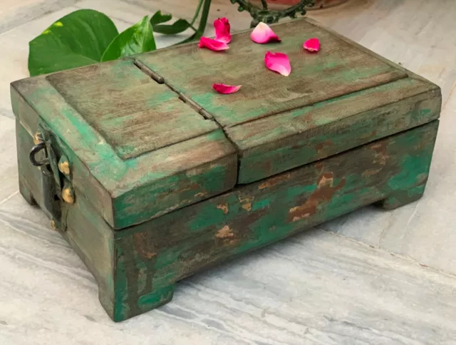 Vintage Caja de Madera Hecho a Mano Pintado Viejo Maquillaje / Joyero con Espejo