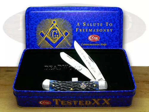 Case xx Masonic Trapper Knife Tin Gift Set Blue Bone Freemason Stainless 01058