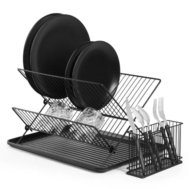 VonShef 2 Tier Dish Drainer Rack With Plastic Drip Tray and Cutlery Holder-Black