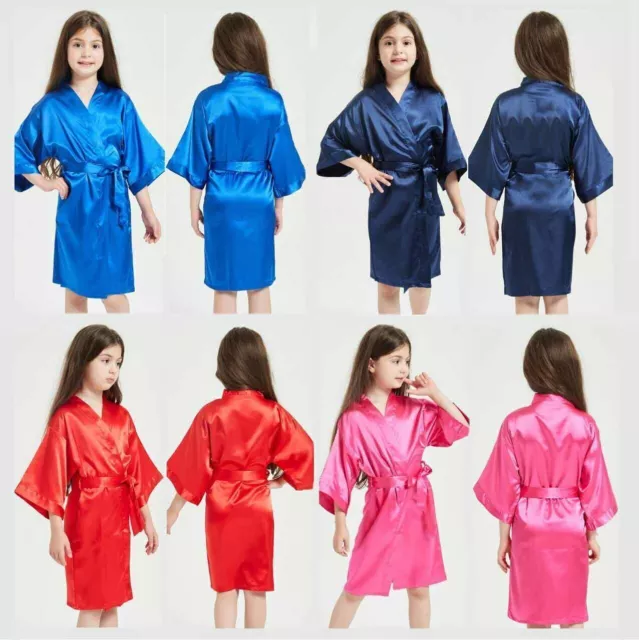 Silk Satin Flower Girls Dress Children Kimono Robe Kid Nightwear Gown Wedding