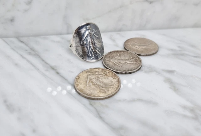 Bague En Argent Avec Pièce De 1 Franc Semeuse Cintrée - Neuf Avec Étiquettes AntiqueCoinRings