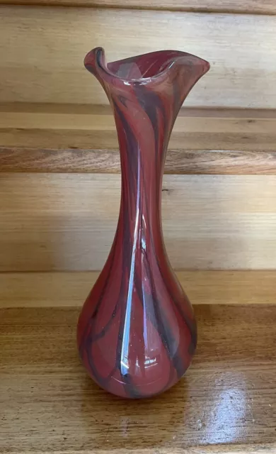 Vintage Stunning Swung Glass Vase Orange Red  Clear Swirled 30cm Tall Excellent