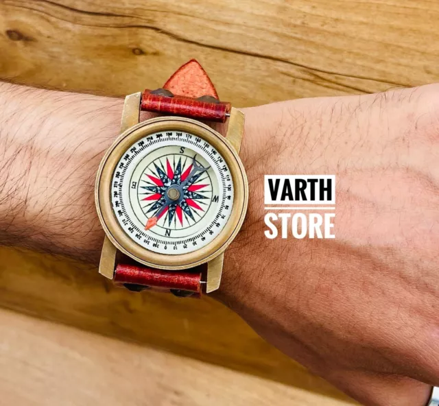 Antique Vintage Style Marine Nautical Brass Sundial compass Wrist Watch