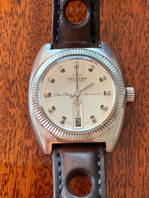 Montre Automatique Vintage TECHNOS Star-Chief - Cadran Argenté, Style Sport - Occasion Fonctionnelle