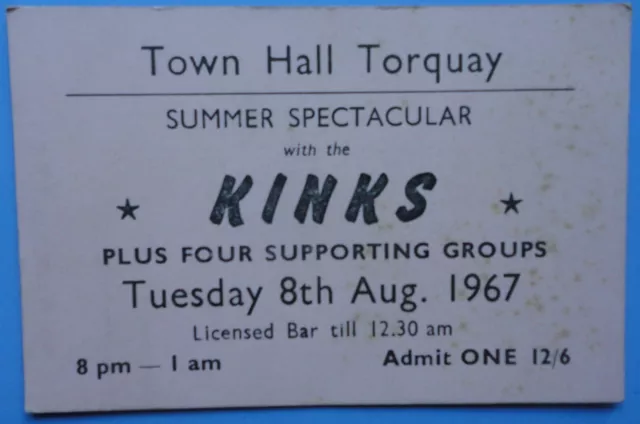 The Kinks 1967 Concert Ticket Town Hall Torquay Summer Spectacular England