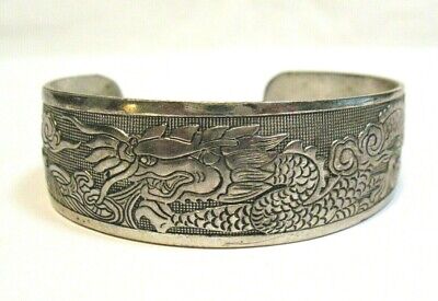 Old Sterling Silver Cuff Bracelet Dragon Design Asian 20.5 Grams