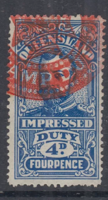 QUEENSLAND 1920 4d Dark Blue GV IMPRESSED DUTY -Revenue-  FU