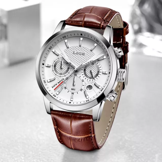 Watches Mens New LIGE Top Brand Luxury Casual Leather Quartz Men's Watch