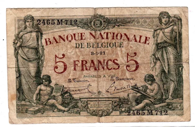 Belgique Belgium Billet 5 Francs 03/01/1921  P75  WWI VF RARE BON ETAT