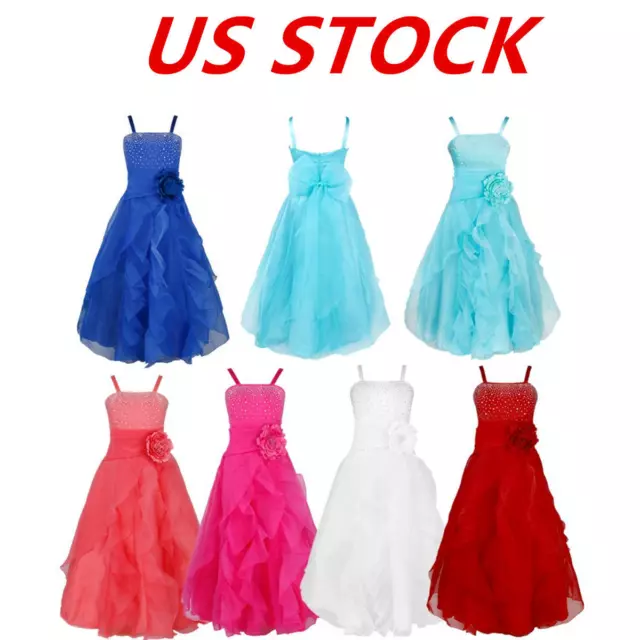 US  Princess Girls Dress Gown Flower Kids Birthday Party Bridesmaid Wedding Maxi