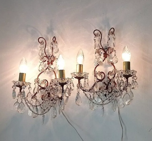 Beautiful Couple D'Applique Period Victorian - Pair Crystal Old Sconces Glass