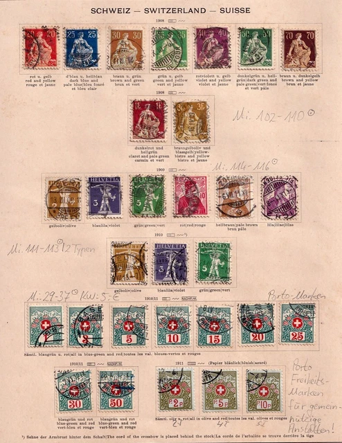 Schweiz 1908 Sitzende Helvetia und Porto-Marken Lot Mi. ex 101-110 gestempelt