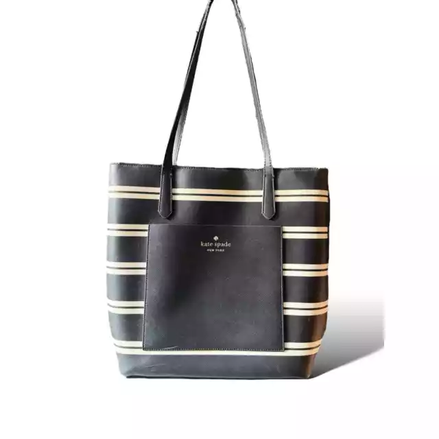 Kate Spade New York Leather Black & White Stripe Tote Bag Large USED