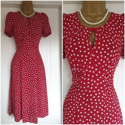 Vintage 1940s Style red white polka dot repro party tea dress size 10
