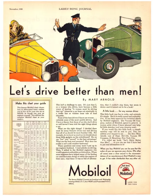 Print Ad Mobiloil Mobil Gas Oil 1930 Women Driving Cars Girl Power 13.5"x10.5"