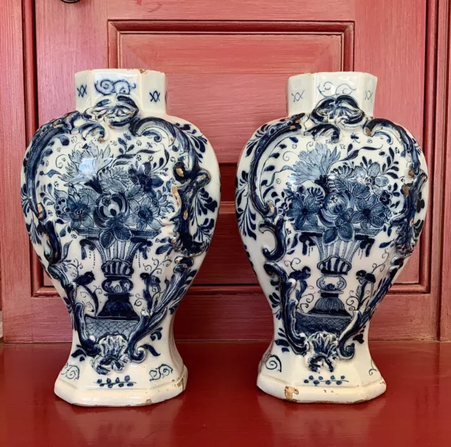 18th Century Hand Painted Delft Vases (2) Matching Pair Netherlands