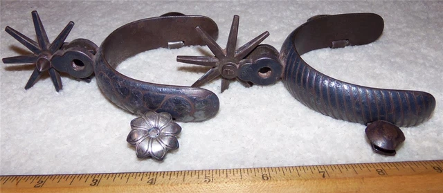 Antique Old West Cowboy Kids Ladies Spurs 8 Point Engraved Silver Old Patina