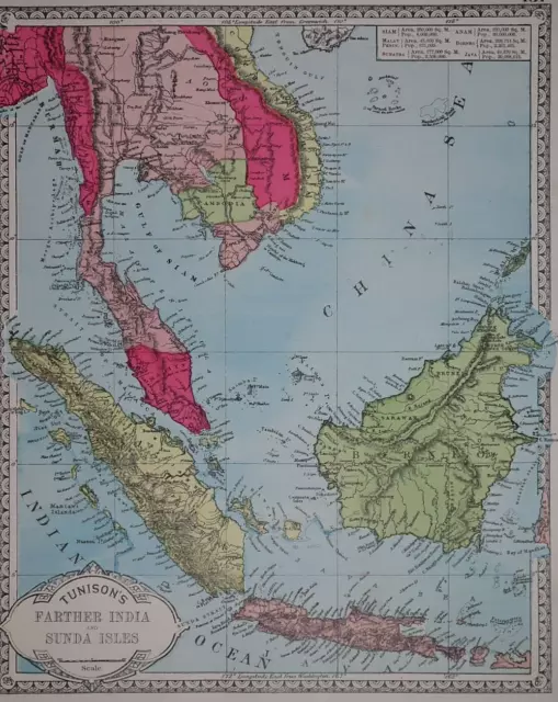 1885 Tunison Atlas Map ~ FARTHER INDIA - SIAM - ANAM -SUNDA ISLES  (11x14)