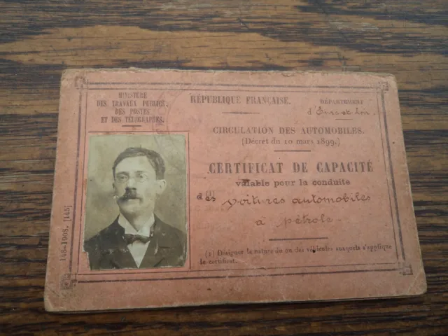 Certificat de Capacité - Ancien Permis de Conduire  - Chartres 1909