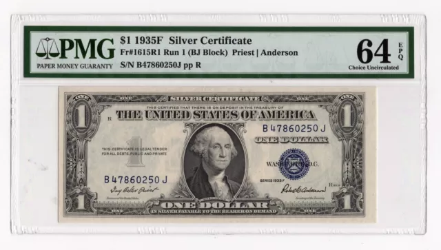 1935F $1 Silver Certificate Fr. 1615R1 Run 1 (BJ Block) - PMG 64 EPQ