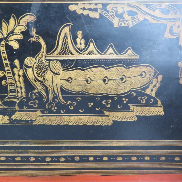 Antique Burmese Red Lacquered Wooden Tray Black Gold Dancer & Peacock 15" 3