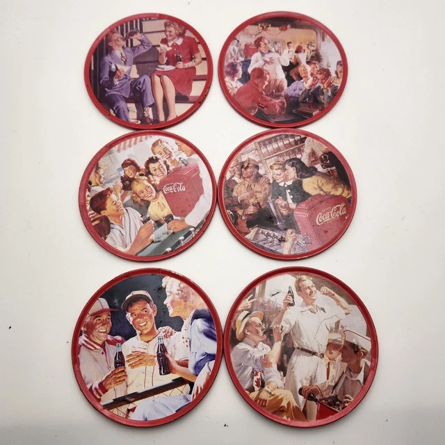Vintage Coca Cola Tin With 6 Coasters red Iconic scenes COKE