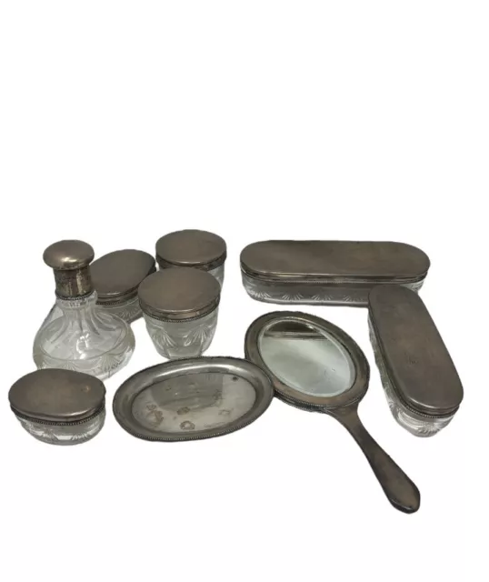Antique Silver Crystal Toilette Mirror Box Set Argento