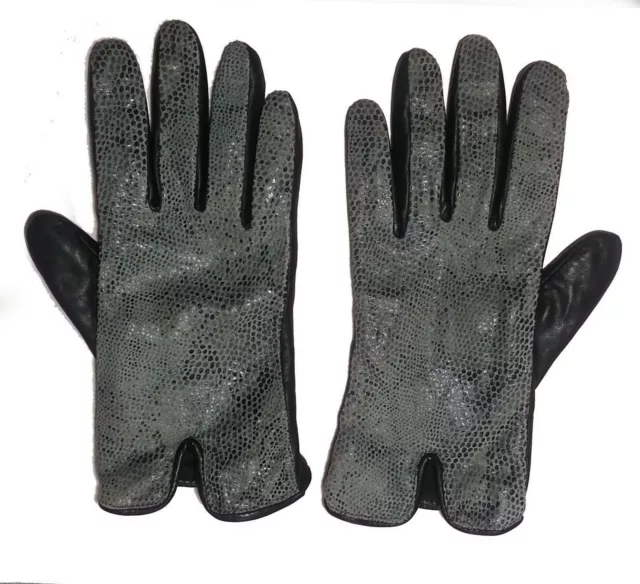 Grandoe Women Leather Winter Gloves Size L Black Snakeskin Combination Insulated