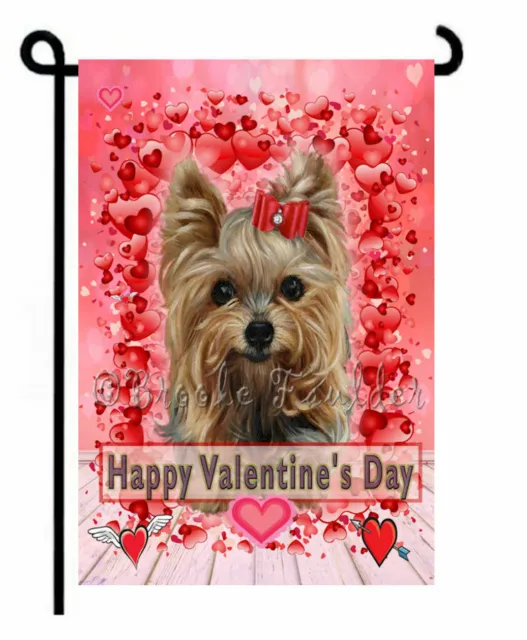 YORKIE dog GARDEN FLAG VALENTINES day art red HEARTs Yorkshire Terrier painting