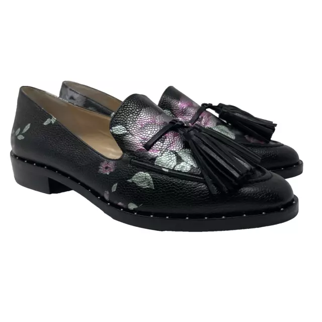 Vince Camuto Geralin Black Floral Tassel Pebbled Leather Loafers Size 6.5