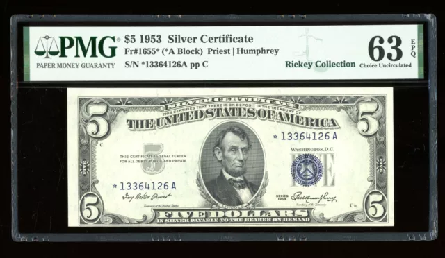 DBR $5 1953 Silver STAR Fr. 1655* PMG 63 EPQ Serial *13364126A