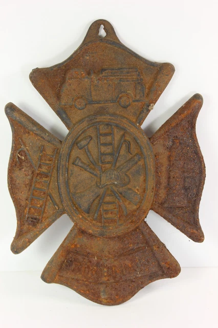 Early 1900's Cast Iron Firehouse  Firefighters Maltese Cross Plaque - AUTHENTIC