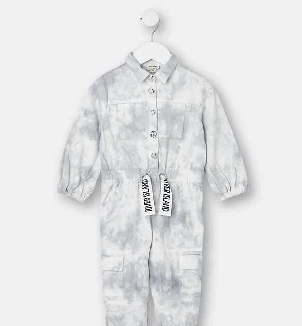 River island Mini girls  Grey Ti Dye Denim Jumpsuit Aged 12-18 Months