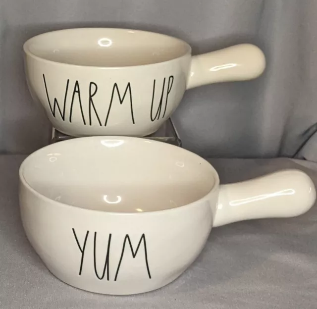 Rae Dunn White Soup Bowls with Handle Set of 2 -  'YUM' & 'WARM UP'
