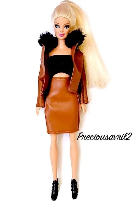 New barbie doll clothes 4 piece set brown leather look fur trim suit top boots