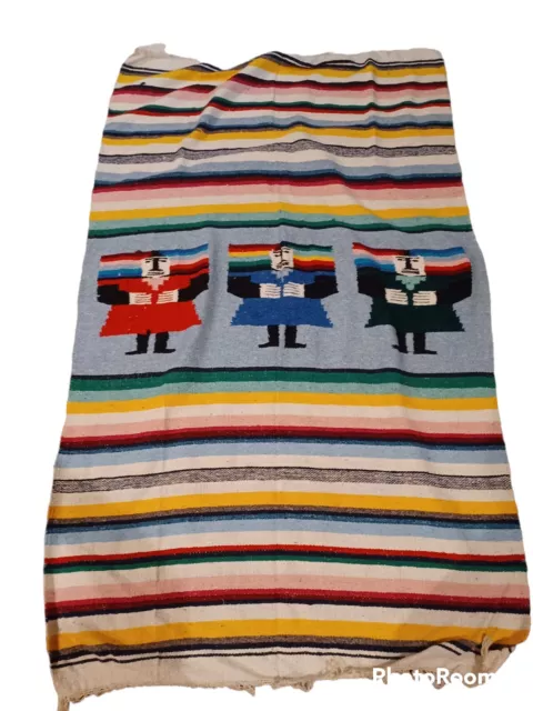 Vintage Woven Mexican Blanket Bright Colors Stripe Aztec Figure Man Fringed Edge