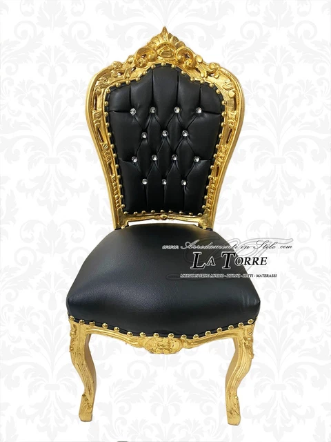 Sillón Silla Still Luis XV Barroco Madera Oro Imitación Negro Swarovski AL1826