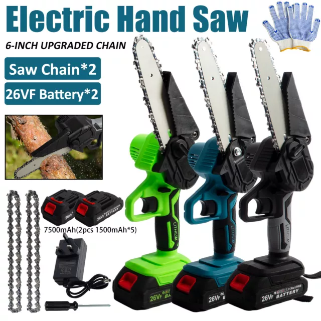 2 Batteries 6''Mini Cordless Chainsaw Electric One-Hand Saw Wood Cutter Pruning