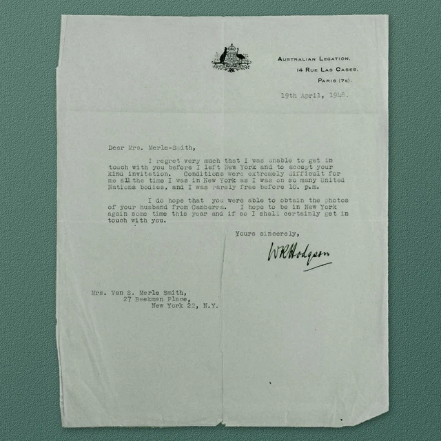 1948 Hand-Signed Letter Mrs. Merle-Smith From W. R. Hodgson Australian Legation