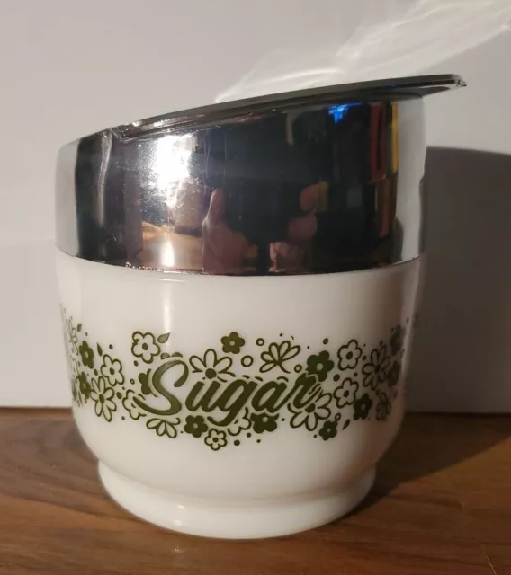 Vintage Gemco Spring Blossom Green Daisy Milk Glass Sugar Bowl with Lid USA