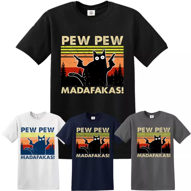 PEW PEW MADAFAKAS Vintage Funny T-Shirt Cat Retro Kitten Xmas Gift Mens Ladies