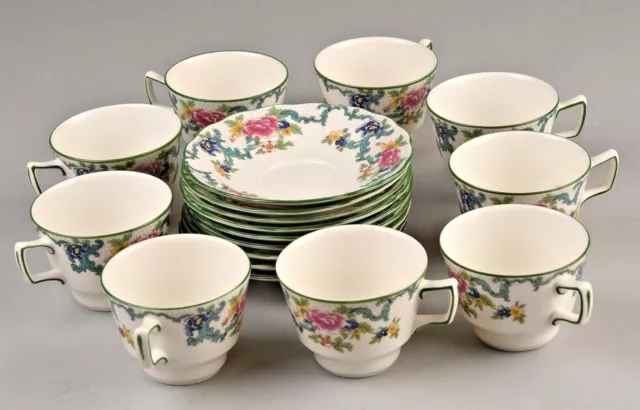 (9) ROYAL DOULTON FLORADORA GREEN Cups and Saucer Sets *18 Pieces* Near Mint