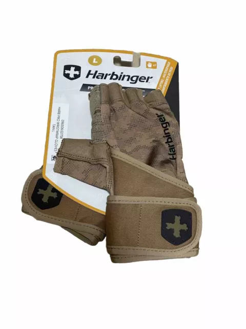 Large Harbinger Unisex Pro Wrist Wrap Weight Lifting Gloves - Tan Camo