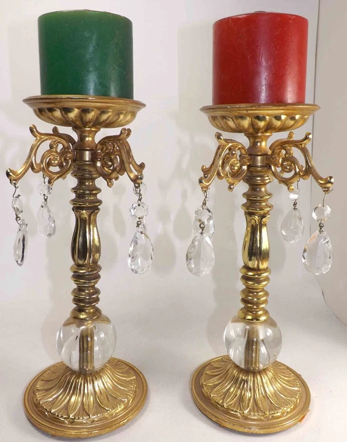 Pair Mid Century Gold Crystal Candle Pedestals Hollywood Regency Retro Vintage