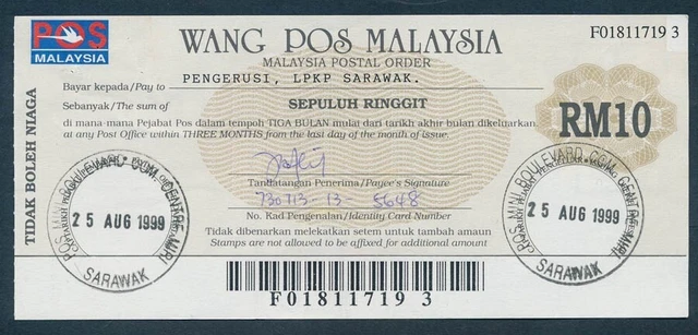 Sarawak: Malaysia Postal Order 1999 10 Ringgit. Scarce