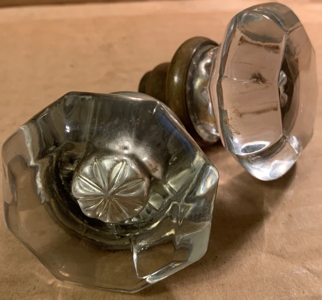 Antique Crystal Door Knob 8 Points Clear Glass 2" pair lot Octagon Victorian vtg