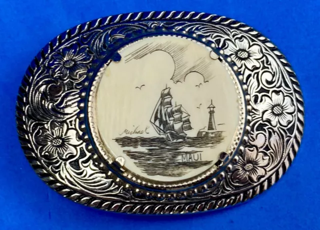 Sailboat & lighthouse Scrimshaw drawing style round centerpiece belt buckle