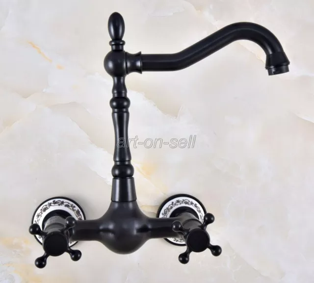 Grifo fregadero lavabo de bronce frotado con aceite manijas dobles mezclador grifo montaje en pared 3